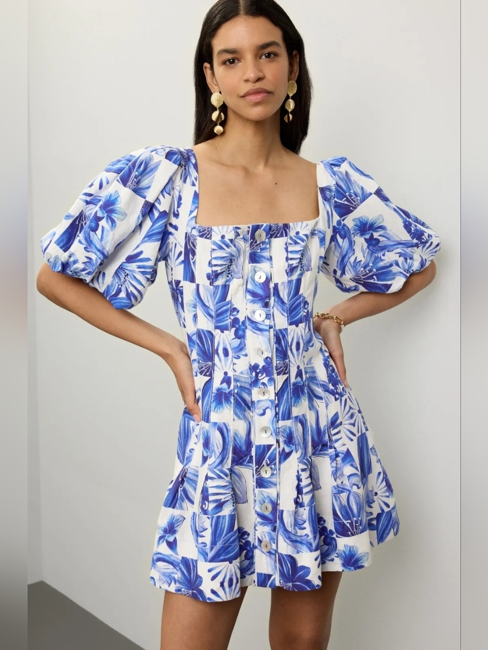 Farm Rio Garden Tiles Linen Mini Dress NWT
